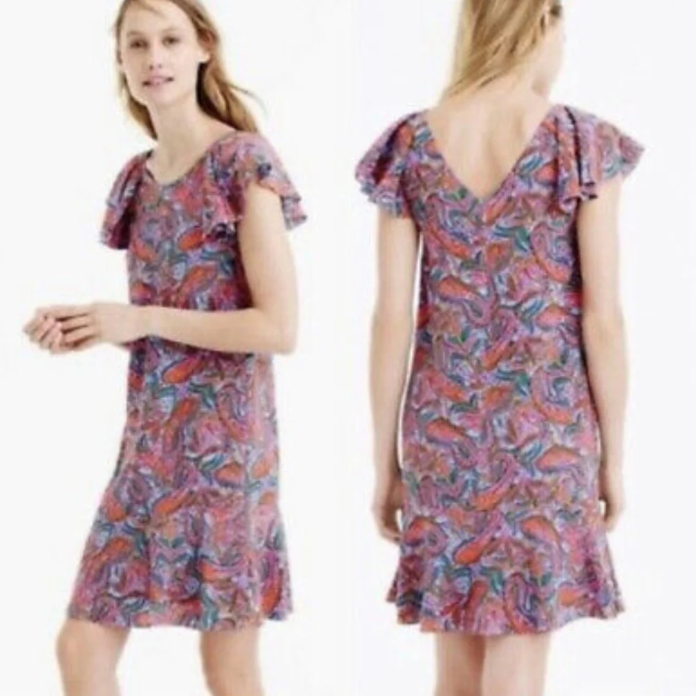 J Crew Purple Pink Paisley Print Silk Flutter Sleeve Dress Sz 00